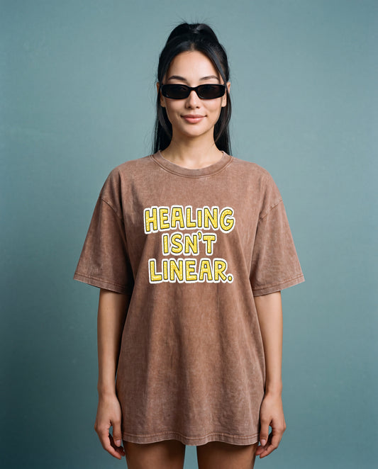 NYTHOO HEALING ISN’T LINEAR Vintage Snow-Wash Tee Dress — Wearable Healing Message | Unisex Positive Affirmation Shirt | Plus Size Inclusive S–5XL