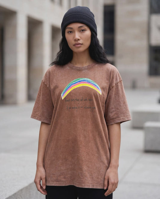 NYTHOO Almost Everything Will Work Again Quote Shirt · Hand Drawn Rainbow Inspirational Graphic Tee · Self Care Vintage Snow Wash Oversized Unisex T-Shirt · Emotional Wellness Gift · S–5XL