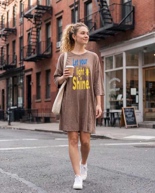 NYTHOO Let Your Light Shine Inspirational Graphic Tee · Positive Mindset Vintage Snow Wash Oversized Unisex T-Shirt · Self Love & Inner Strength Shirt · 200 GSM Heavyweight Cotton · S–5XL