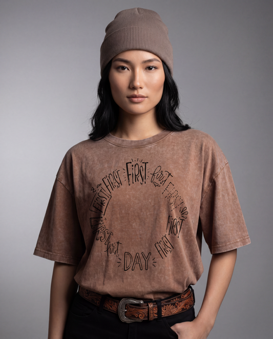 NYTHOO "First Day" Vintage Snow Wash Graphic Tee | Boxy Heavyweight Cotton Tee Dress · Unisex S–5XL